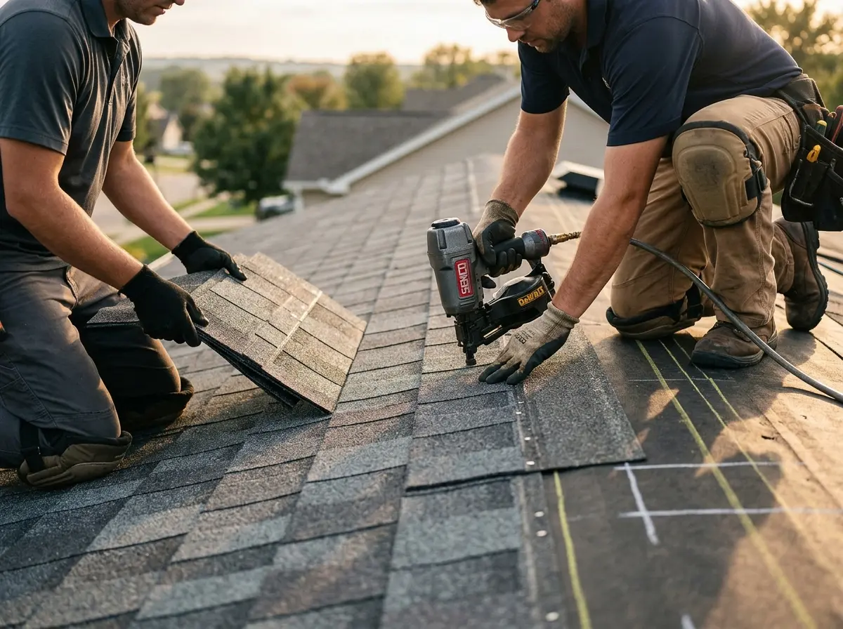 Professional roofer working on a residential roof in Denham Springs